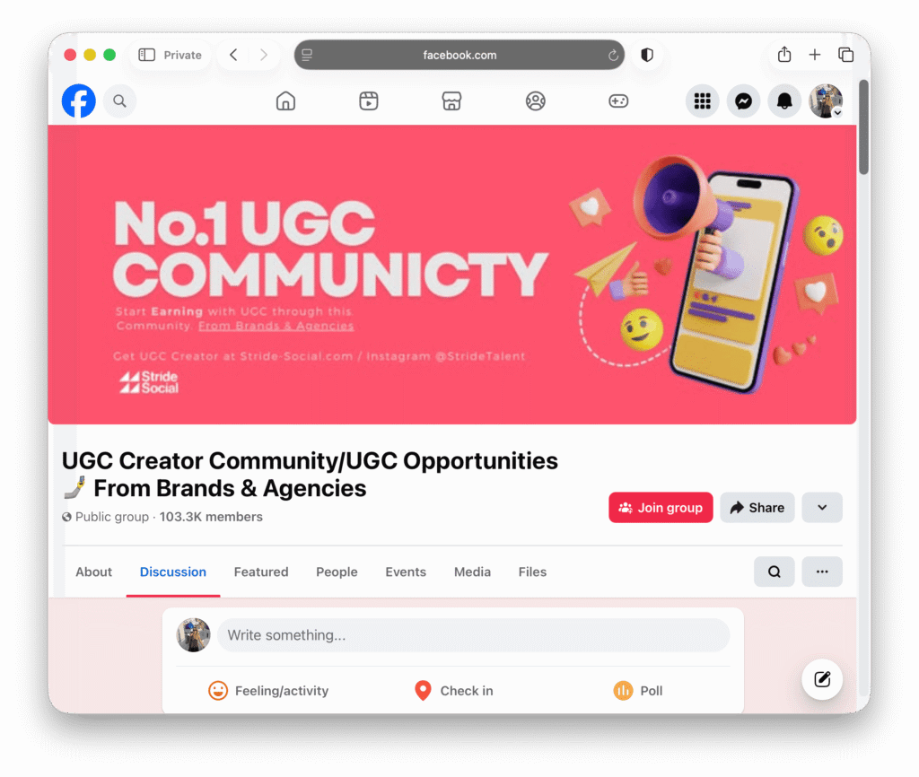 Screenshot of the UGC Community Facebook Page