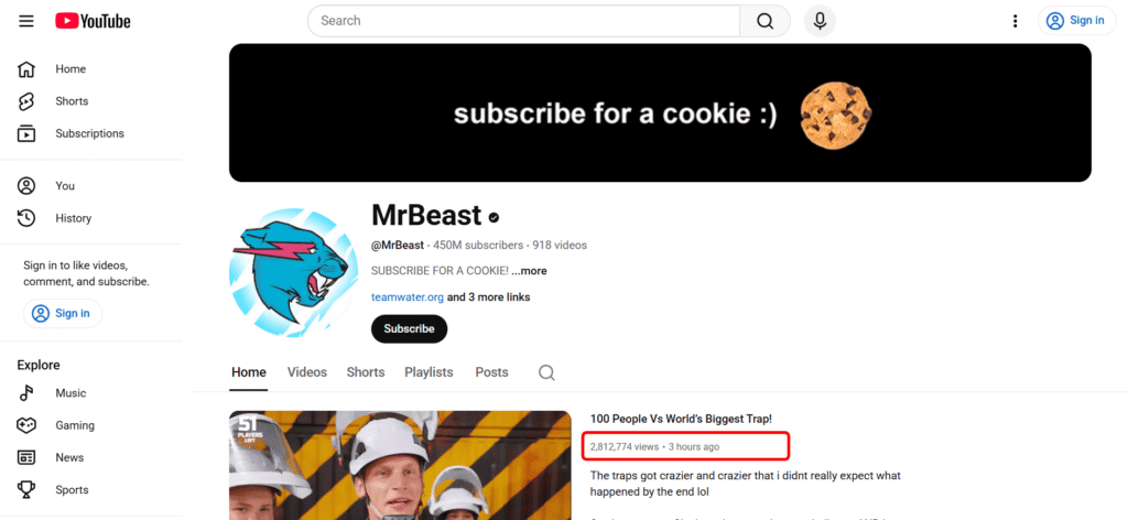 A screenshot of MrBeast’s YouTube channel showing his most recent video.