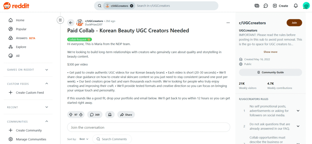 A screenshot of the r/UGCcreators subreddit.