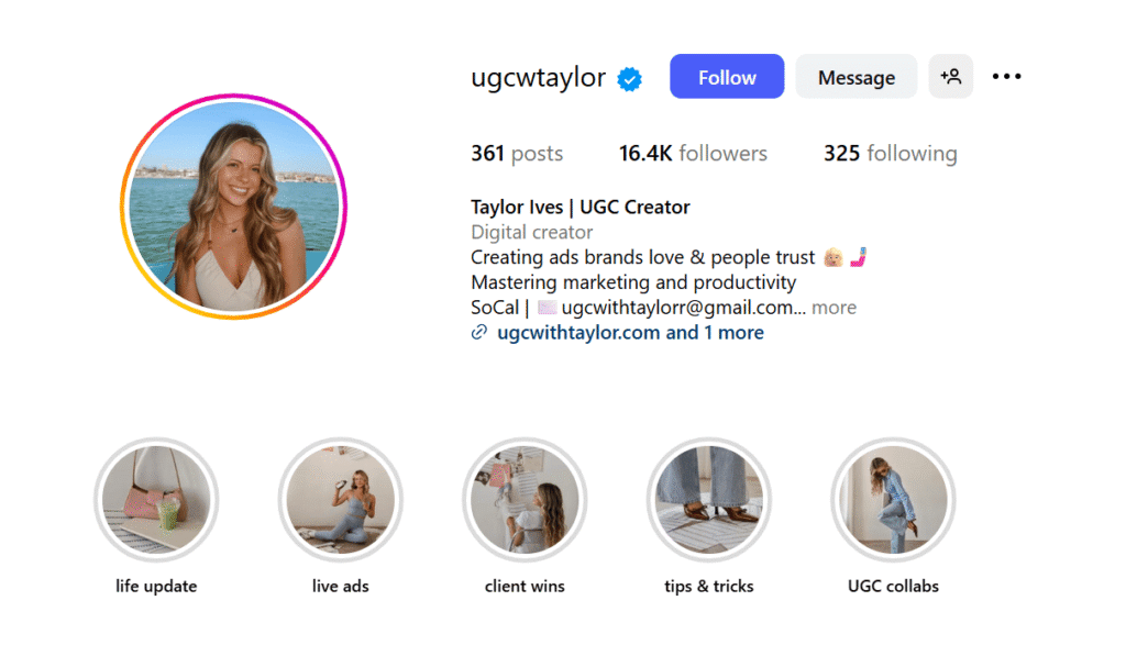 A screenshot of UGC creator Taylor Ives’ Instagram.