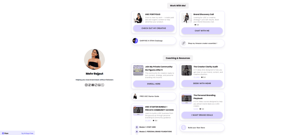 A screenshot showing UGC creator Mehr Rajput's Stan store.