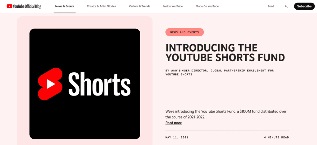 A screenshot of the official blog post announcing the YouTube Shorts Fund.