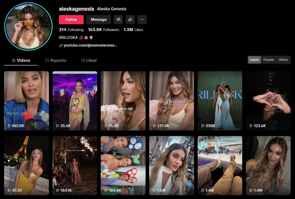 A screenshot of Aleska Genesis’s TikTok profile featuring modeling, fashion, and lifestyle videos.