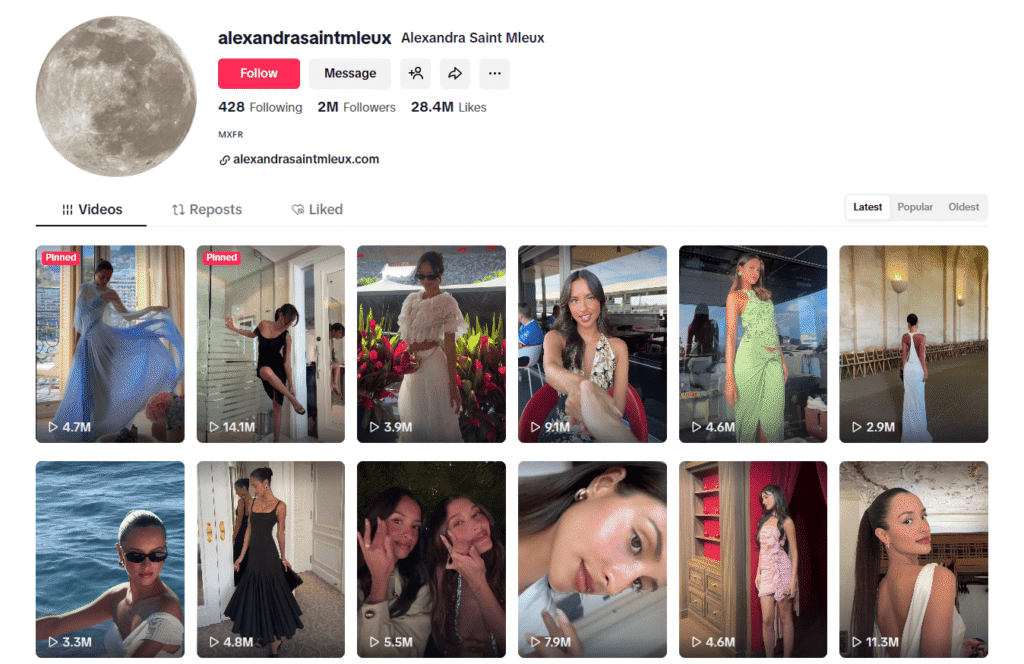 A screenshot of Alexandra Saint Mleux’s TikTok profile featuring fashion and lifestyle videos.