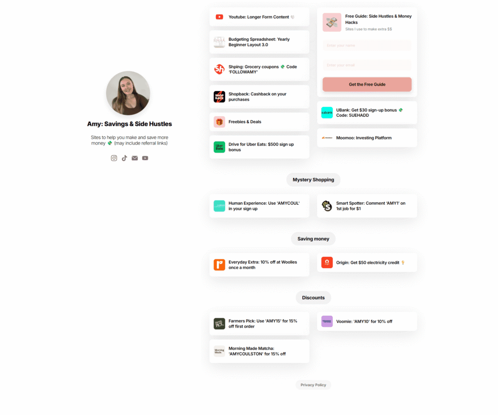 A screenshot of Amy Coulston’s Stan store showing her sign-up bonuses and featured affiliate products.