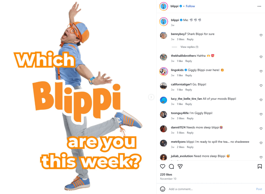 A post from the Blippi Instagram page featuring his signature bright-colored costume with glasses, suspenders, and a blue-orange outfit.