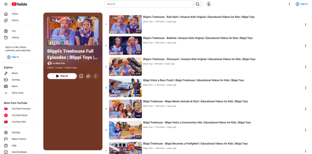 A screenshot showing the Blippi’s Treehouse playlist on YouTube featuring Blippi and Meekah.