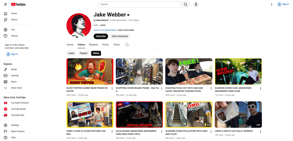 A screenshot showing Jake Webber’s earliest uploads on his YouTube channel.