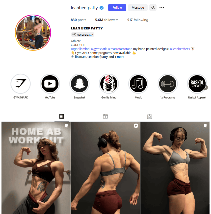 A screenshot of LeanBeefPatty’s Instagram profile displaying fitness photos.
