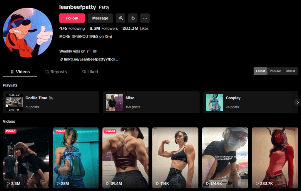 A screenshot of LeanBeefPatty’s TikTok page featuring workout clips and short fitness videos.