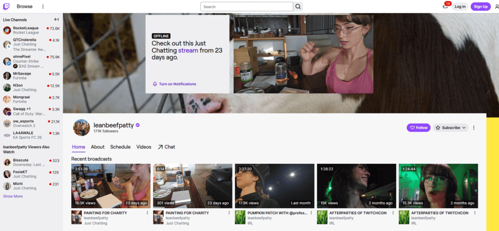 A screenshot of LeanBeefPatty’s Twitch stream page with live fitness, gaming, and community chat elements.