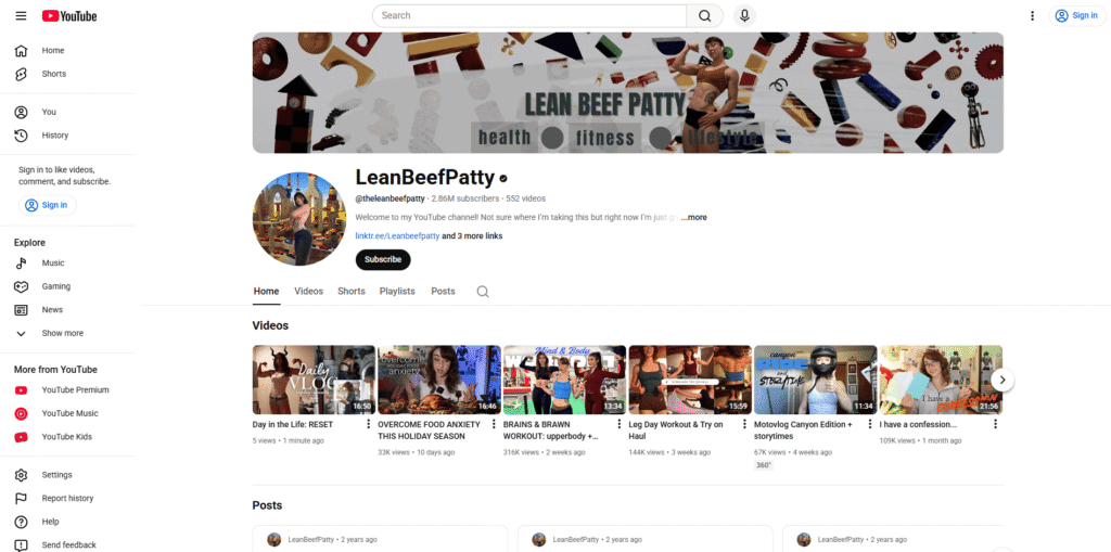 A screenshot of LeanBeefPatty’s YouTube channel showcasing workout tutorials and long-form fitness content.