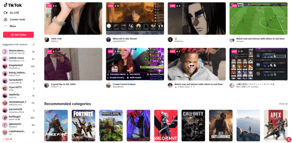 A screenshot of the TikTok LIVE feed.