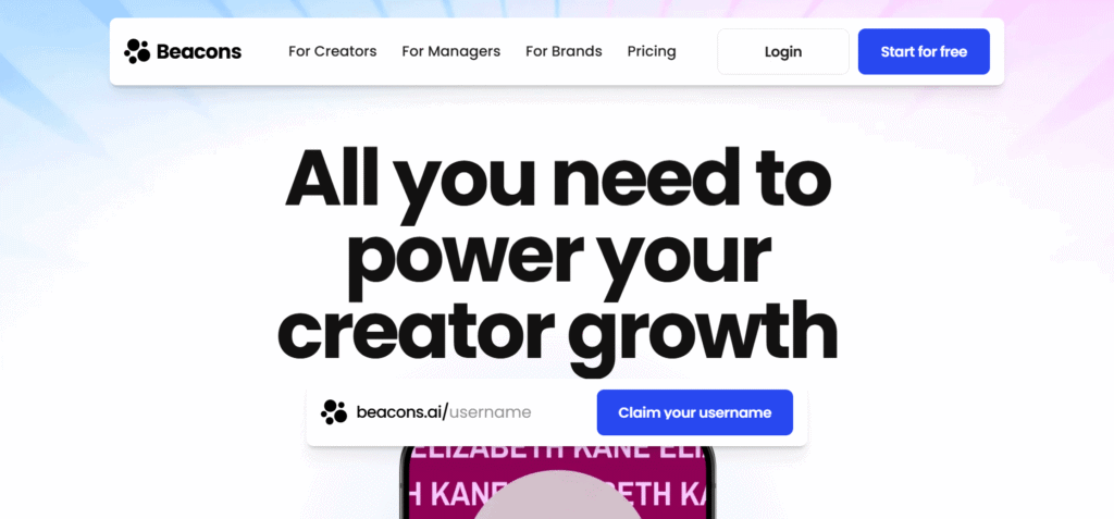 A screenshot of the Beacons homepage, a link in bio tool for creators.