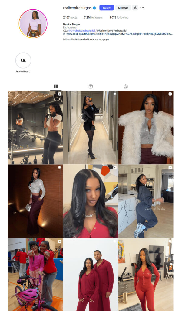 A screenshot of Bernice Burgos’ Instagram profile page.
