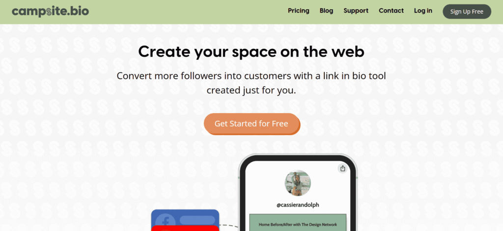 A screenshot of the Campsite homepage, a link in bio tool for creators.