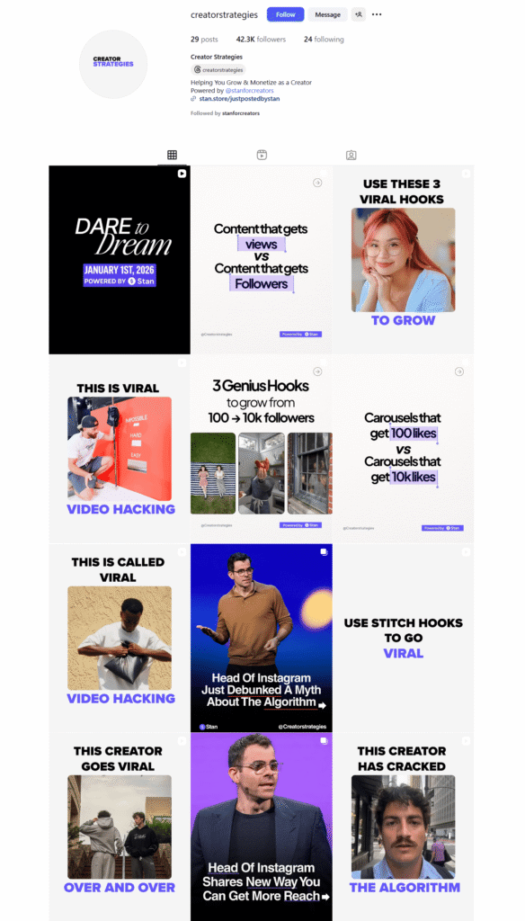 A screenshot of the Creator Strategies Instagram page managed by Stan’s team.