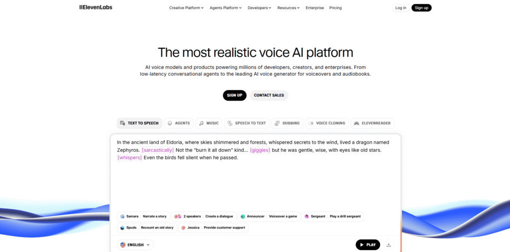 A screenshot of the ElevenLabs website homepage.