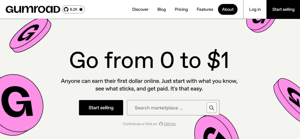 A screenshot of the Gumroad homepage, a link in bio tool for creators.