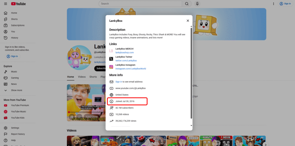 A screenshot of LankyBox’s YouTube channel highlighting its 2016 launch year.
