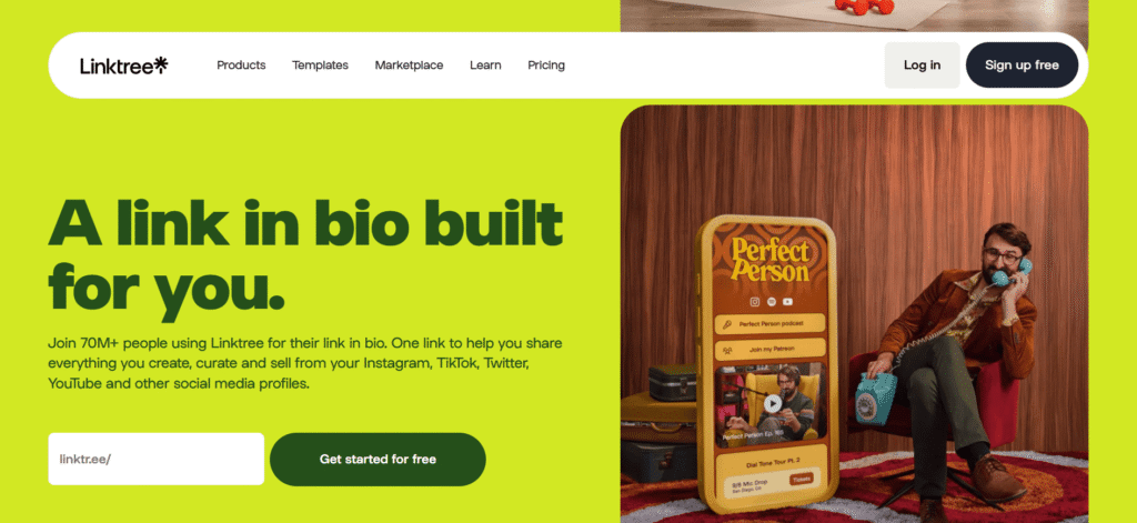 A screenshot of the Linktree homepage, a link in bio tool for creators.
