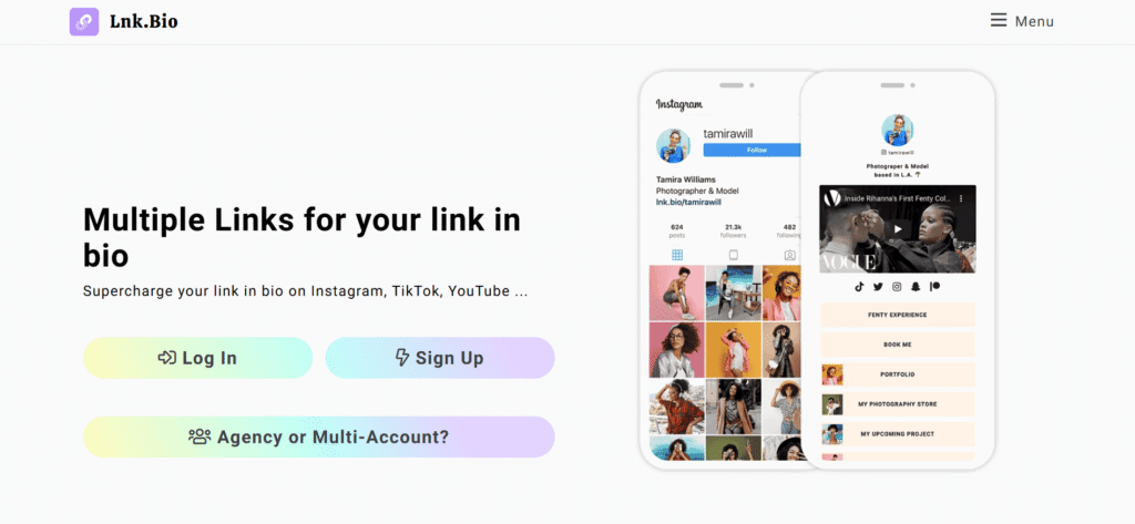 A screenshot of the Lnk.bio homepage, a link in bio tool for creators.
