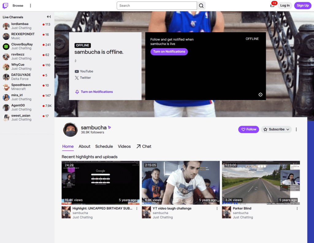 A screenshot of Sambucha’s Twitch channel page.