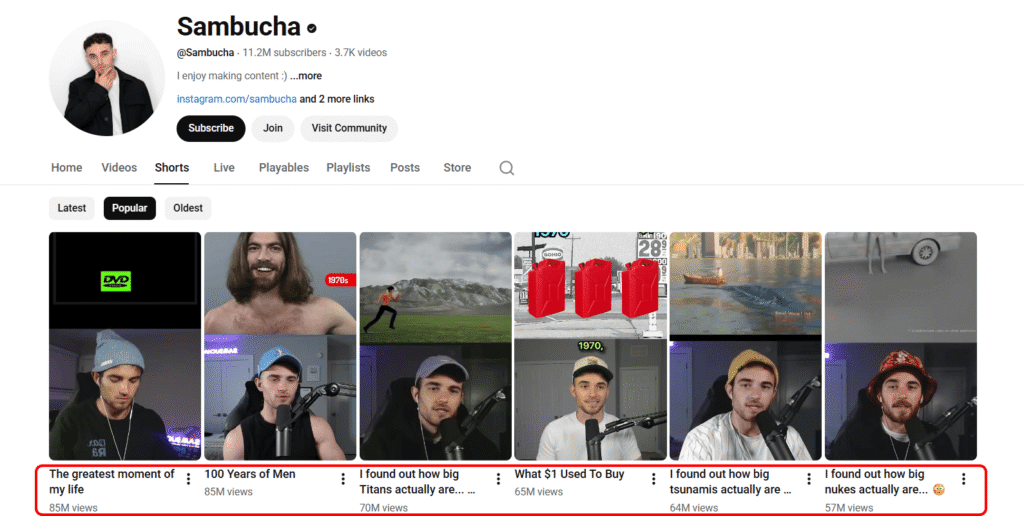 A screenshot of Sambucha’s YouTube channel showing his viral Shorts.