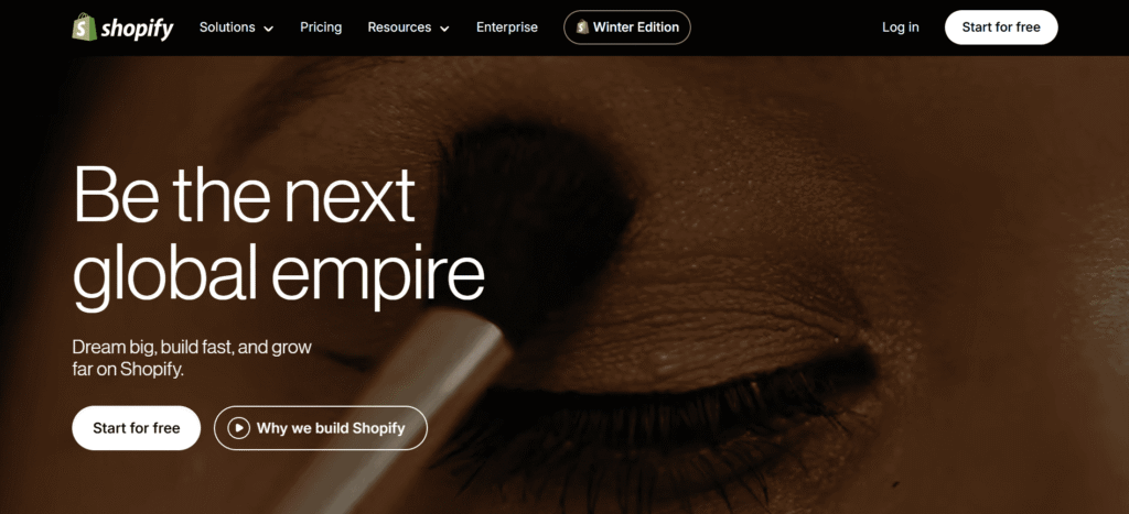 A screenshot of the Shopify homepage, a link in bio tool for creators.