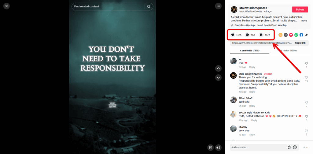 A screenshot of a viral post from the Stoic Wisdom Quotes TikTok page showing high engagement.