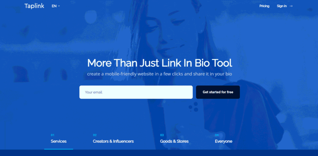 A screenshot of the Taplink homepage, a link in bio tool for creators.