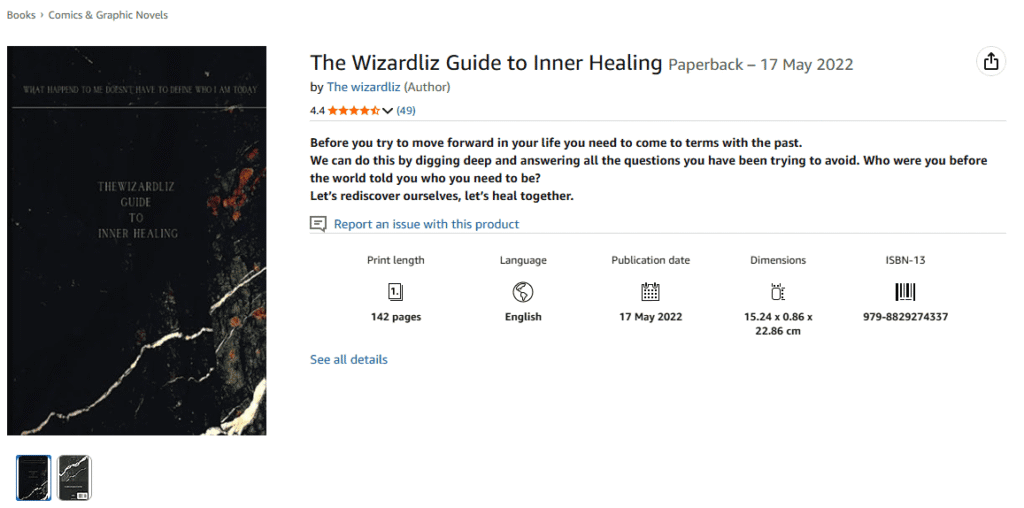 A screenshot of the Amazon listing for The Wizardliz Guide to Inner Healing.