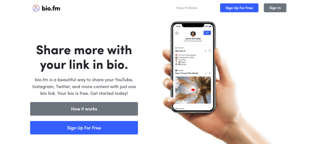 A screenshot of the Bio.fm homepage, a link in bio tool for creators.