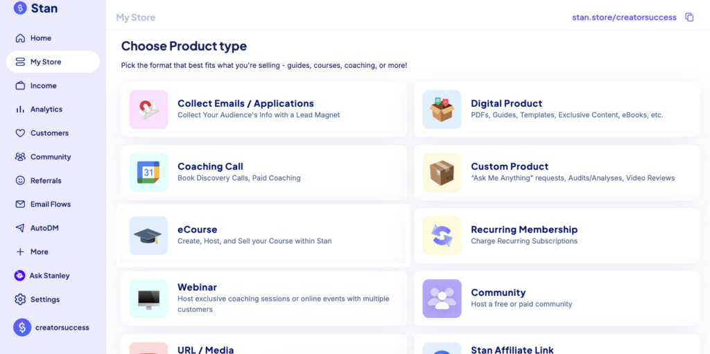 A screenshot of the Stan dashboard displaying multiple digital product types for creators
