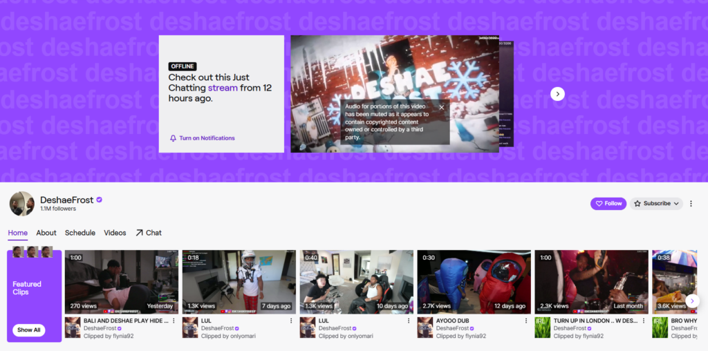 A screenshot showing Deshae Frost's Twitch page.