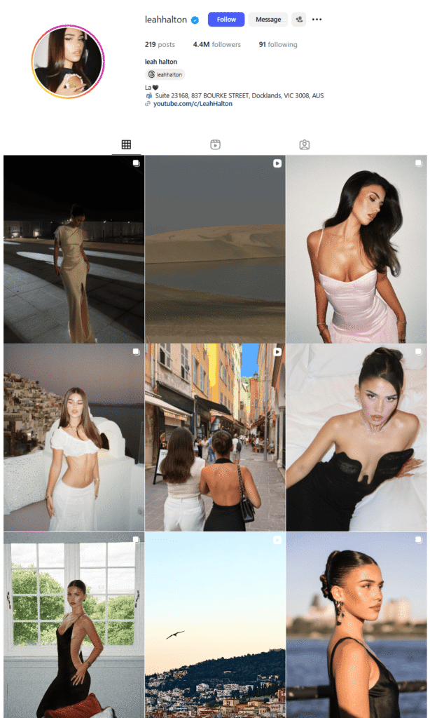 A screenshot of Leah Halton’s Instagram profile highlighting her follower count and recent posts.