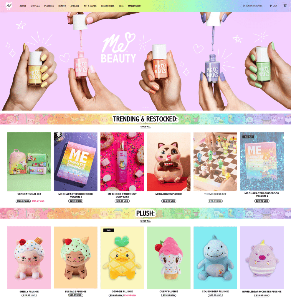 A screenshot of Moriah Elizabeth’s online store featuring popular plush toys and collectibles.