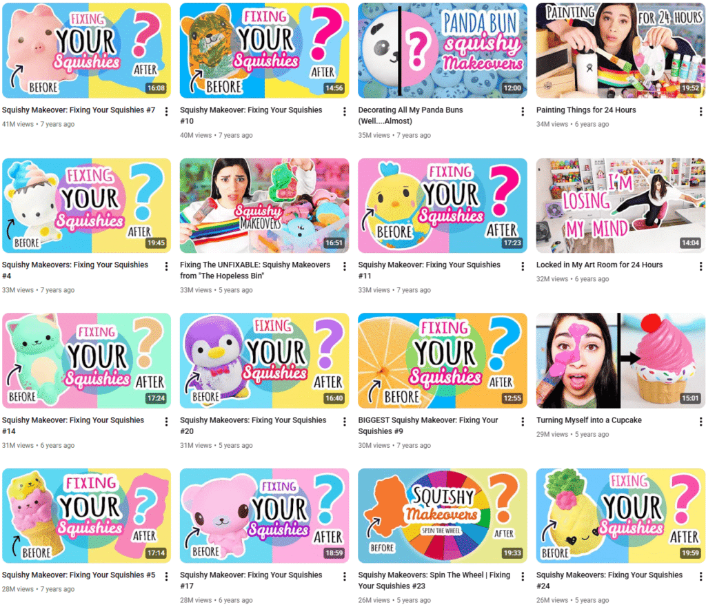 A screenshot of Moriah Elizabeth’s YouTube channel feed showing consistent video formats.