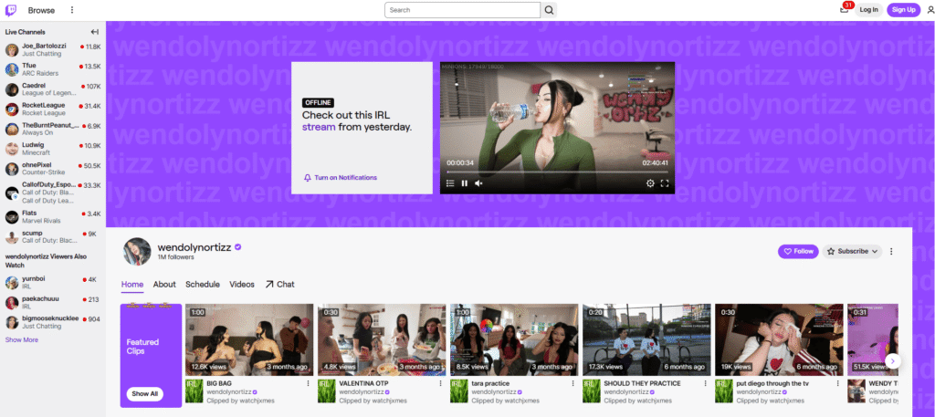 A screenshot of Wendy Ortiz’s Twitch page highlighting her recent streaming activity.