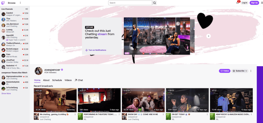 A screenshot of Zoe Spencer’s Twitch page with recent live streams.