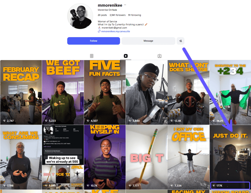 A screenshot highlighting an outlier Reel on a creator’s Instagram feed.