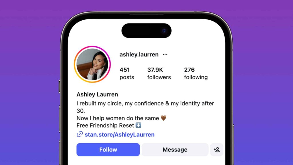 Ashley Laurren Instagram Profile with Stan Store link