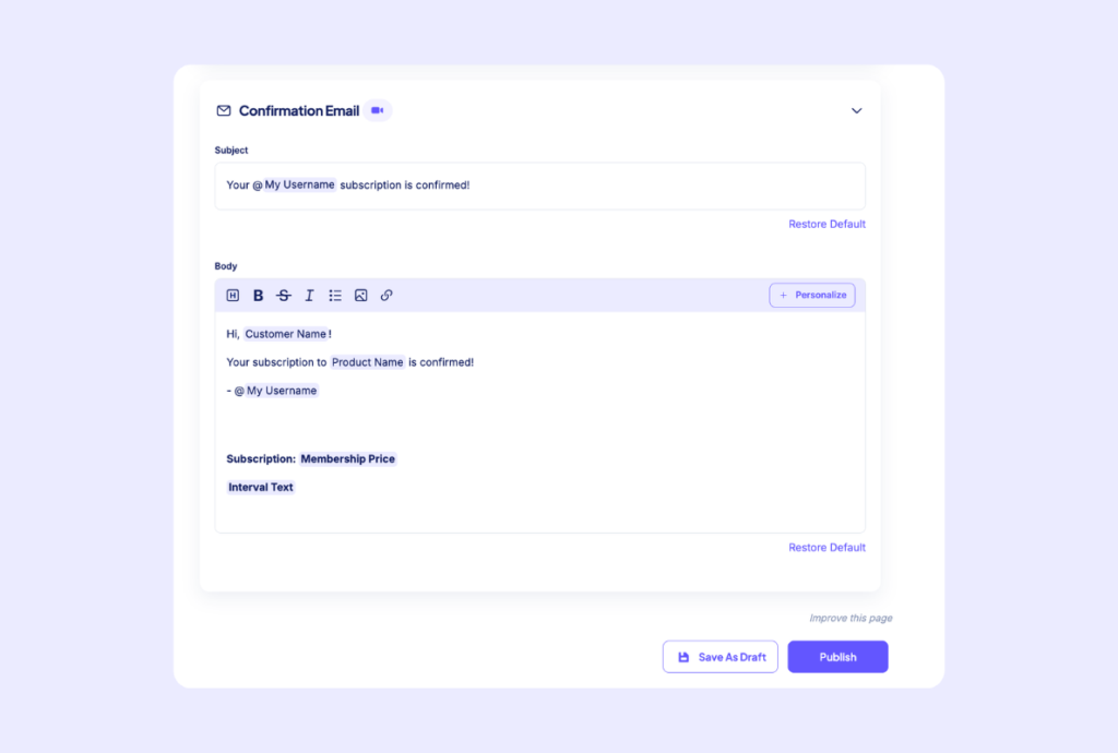 Personalize Your Confirmation Email for your Membership